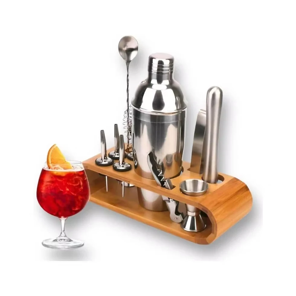 Kit Coqueteleira Profissional com Suporte de Bambu 12 itens